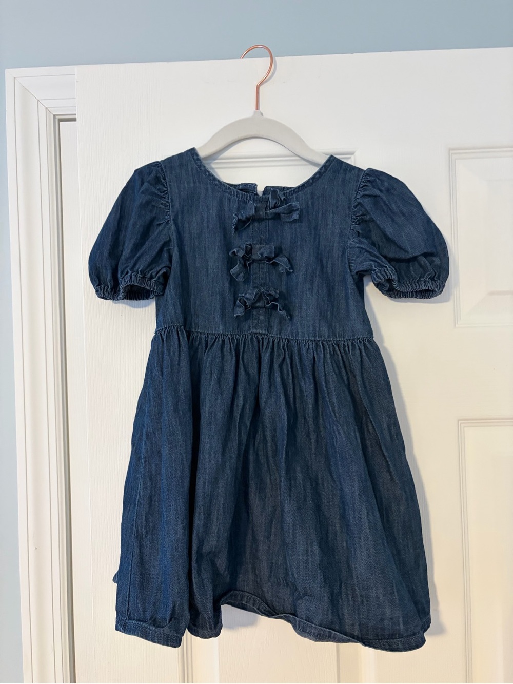 GAP Dark Blue Denim Puff Sleeve Dress with Front Bows - 3T